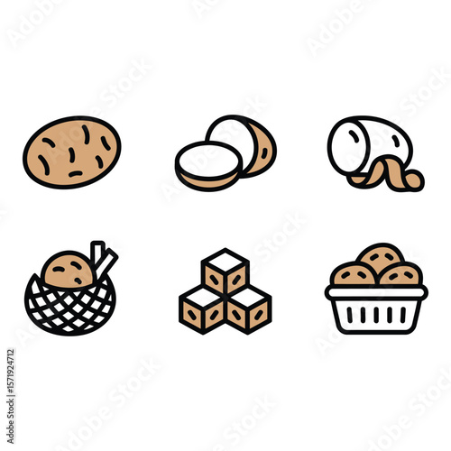 Simple Line Icons Potatoes Coconut Sugar Cubes Basket of Food Minimalist Style Warm Color Palette