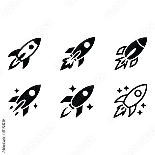 Six Black and White Rocket Ship Icons Startup Launch and Success Concepts