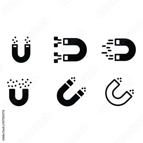 Six Bold Black Magnet Icons Data Attraction Digital Marketing Modern Style