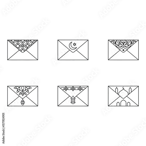 Six Elegant Line Art Envelopes Islamic Mandala Crescent Moon Mosque Festive Designs Ramadan Eid Greeting Cards