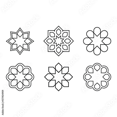 Six Geometric Islamic Star Mandala Designs Elegant Line Art Minimalist Style Black and White Vector Graphics