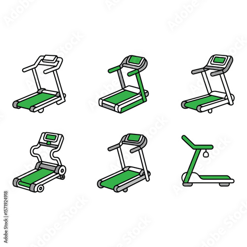 Six Green and Gray Treadmill Icons Fitness Equipment Illustrations Isometric View