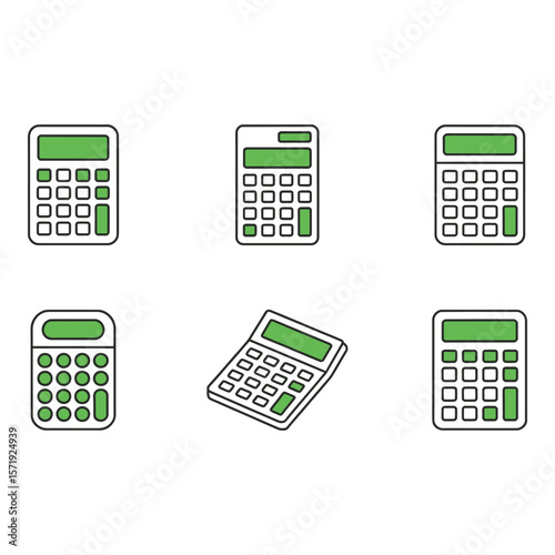 Six Green and White Calculator Icons Flat Design Minimalist Style Business Finance Concept
