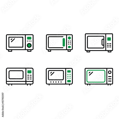 Six Modern Microwave Oven Icons Line Art Green Accents Kitchen Appliance Graphics