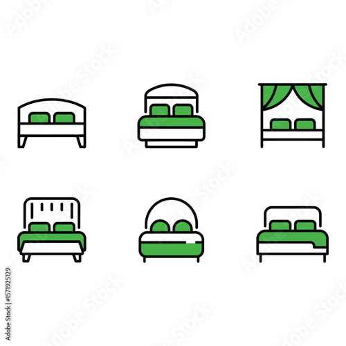 Six Modern Green and Black Line Art Bed Icons Simple Minimalist Hotel Bedroom Furniture