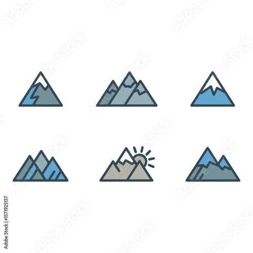 Six Modern Mountain Peak Icons Blue Gray and White Color Palette Minimalist Line Art Style Serene and Peaceful Mood