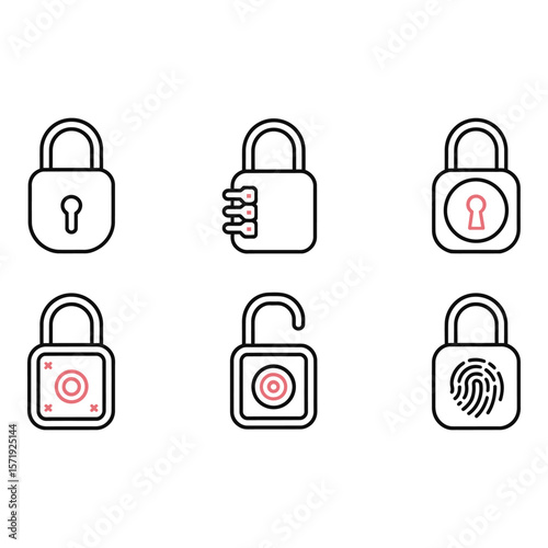 Six Modern Padlock Icons Security Privacy and Access Control Line Art Illustrations