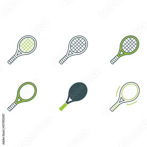 Six Modern Tennis Racket Icons Green Gray Line Art Minimalist Design Sport Graphics