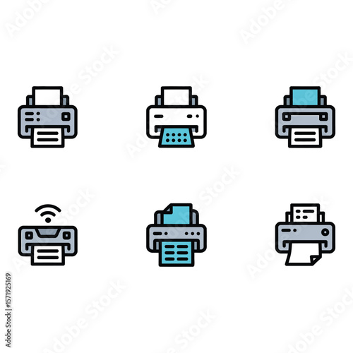 Six Modern Printer Icons Wireless Document Printing Flat Design Clean Style Technology Concept