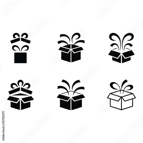 Six Monochrome Gift Box Icons Open Closed Ribbon and Exploding Designs