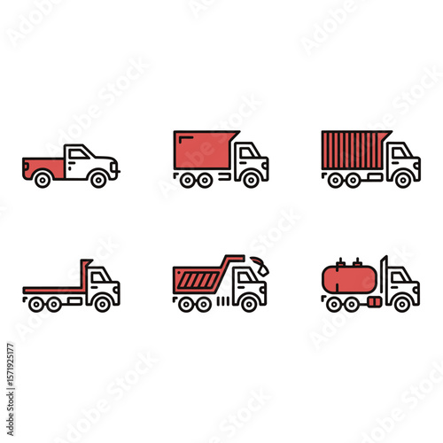 Six Modern Truck Icons Flat Design Red and White Transportation Graphics