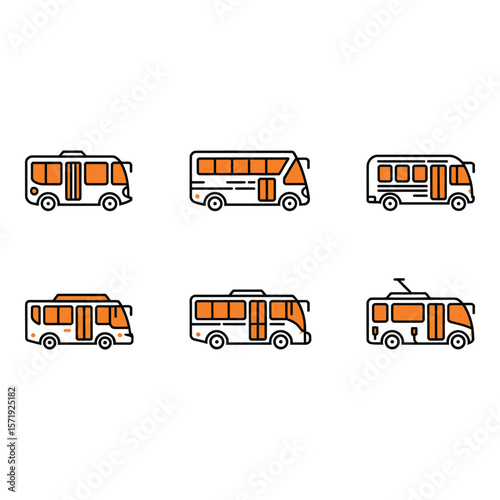 Six Orange and Gray Line Art Bus Icons Transportation Travel Public Transit Modern Minimalist Design