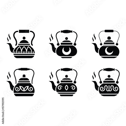 Six Ornate Black Tea Kettle Icons Steaming Decorative Silhouette Style Vector Graphics