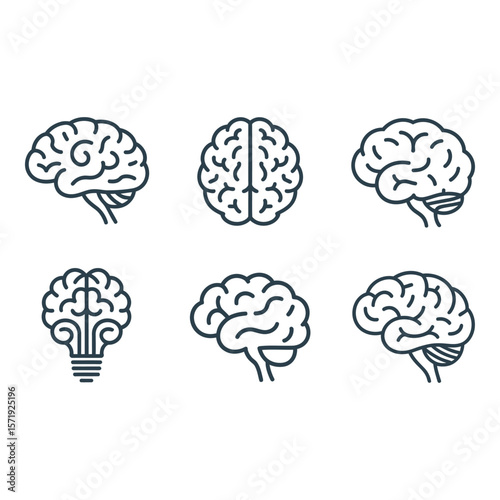Six Outline Brain Icons Thinking Intelligence Idea Generation Neurology Minimalist Line Art Medical Concept