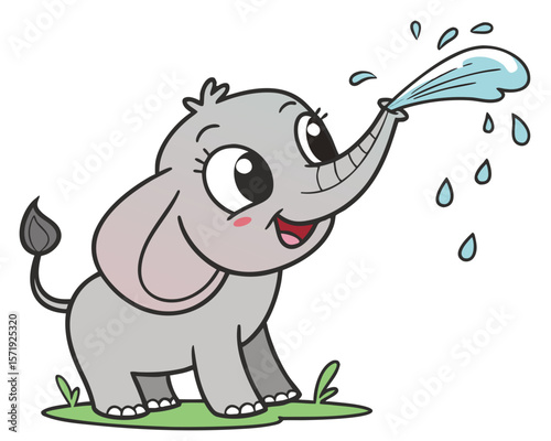 Cute cartoon baby elephant spraying water from its trunk on a sunny day