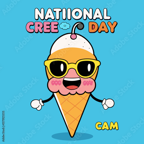 Happy ice cream cone character celebrating national cree day with sunglasses