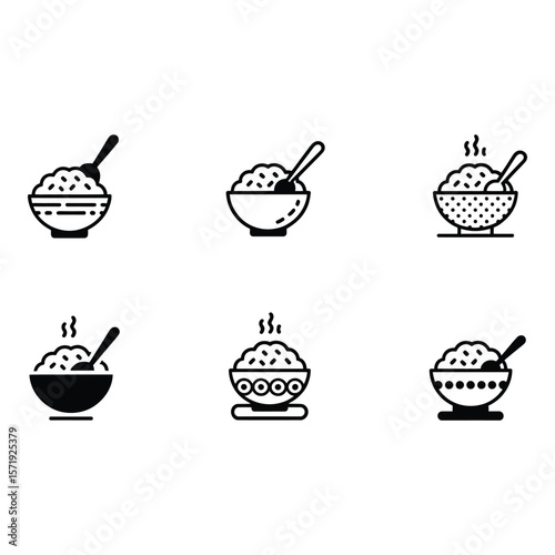 Six Simple Line Icons Hot Cereal in Bowls with Spoons Various Styles