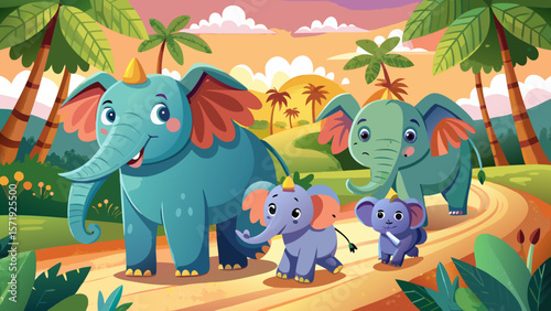 Cute cartoon elephants walking on a path in a tropical jungle at sunset