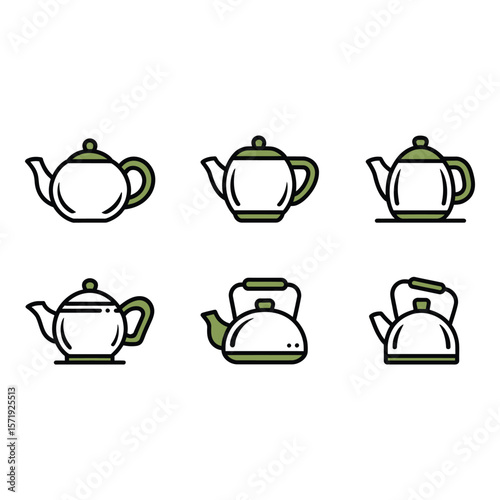 Six Simple Teapot and Kettle Icons Minimalist Line Art Olive Green Accents Calming Mood