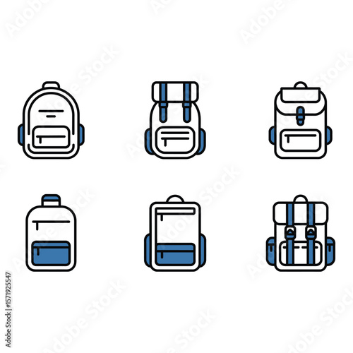 Six Stylish Backpack Icons Flat Design Grey and Blue Travel Theme