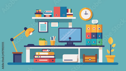 Modern flat design illustration of a tidy home office desk setup with computer and supplies