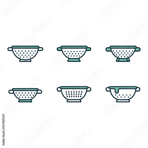 Six Variations of a Colander Icon Modern Minimalist Teal and Gray Color Palette Kitchen Utensil Set