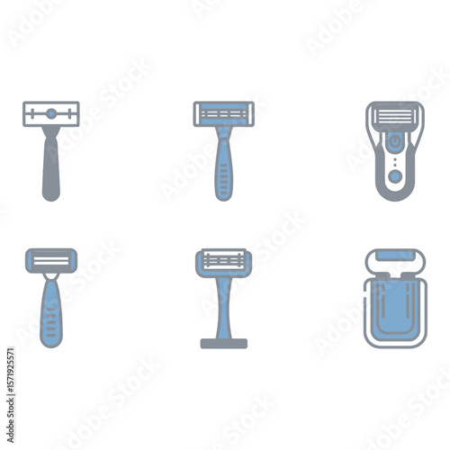 Six Stylish Razor Icons Modern Minimalist Blue and Gray Color Palette Clean Design Vector Illustration