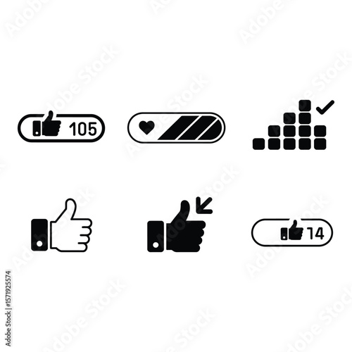 Social Media Icons Thumbs Up Likes Progress Bars and Approval Graphics in Bold Black