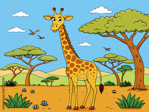 Cute cartoon giraffe standing in the african savanna with acacia trees and birds