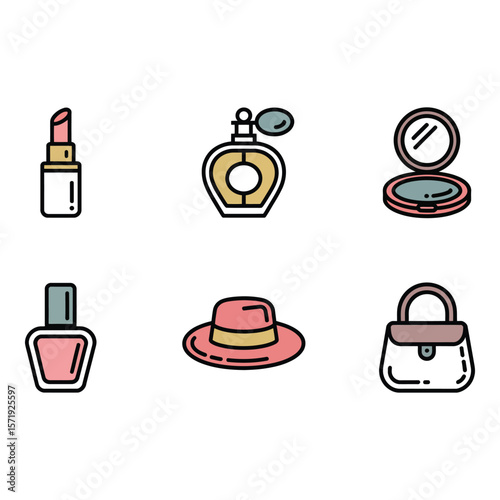 Stylish Feminine Icons Lipstick Perfume Compact Nail Polish Hat Handbag Pastel Color Palette Flat Design