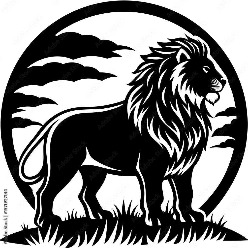 Fototapeta premium Majestic black lion silhouette standing proudly on grassy terrain under clouds
