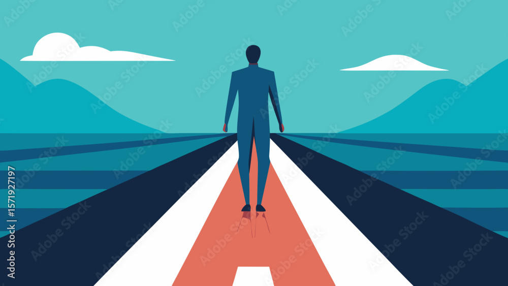 Obraz premium Man standing on a road with the letter a towards a distant horizon
