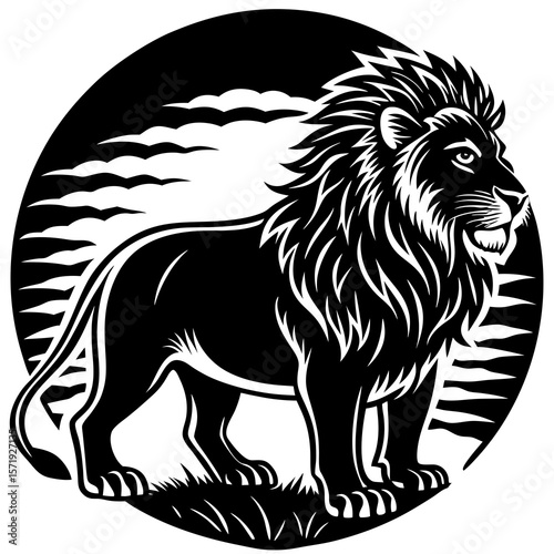 Majestic black and white lion standing proudly in a circular emblem