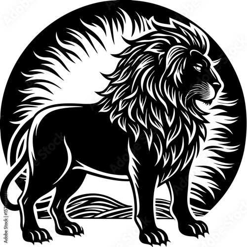 Majestic black lion with a flowing mane standing proudly in a circular frame