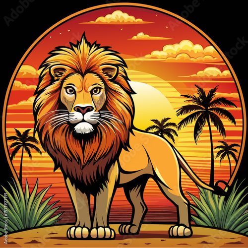 Majestic lion standing proudly against a vibrant african sunset with palm trees