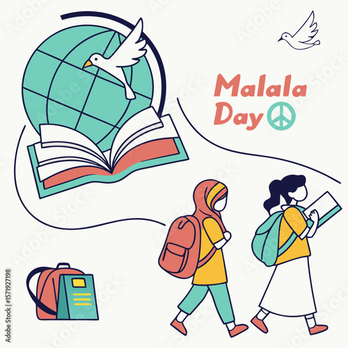 Malala day celebrates education and peace with students carrying books and backpacks