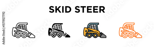 Skid Steer icon multiple. icon set. Editable Stroke Icon Collection. Skid Steer, Compact Loader, Mini Loader, Skid Loader, Construction Vehicle, Small Excavator, Wheeled Loader, Site Equipment.