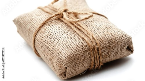 Tied burlap package on white background