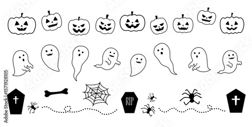 ハロウィン時期の線画のお化けとカボチャのイラストセット(幽霊 おばけ かぼちゃ お菓子 蜘蛛の巣 墓 ベクター 編集可能)