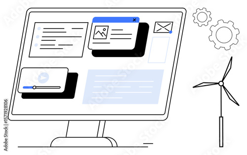 Digital desktop screen featuring tabs, video, email, and gears alongside windmill for clean energy. Ideal for technology, multimedia, clean energy, innovation, sustainability eco-friendliness
