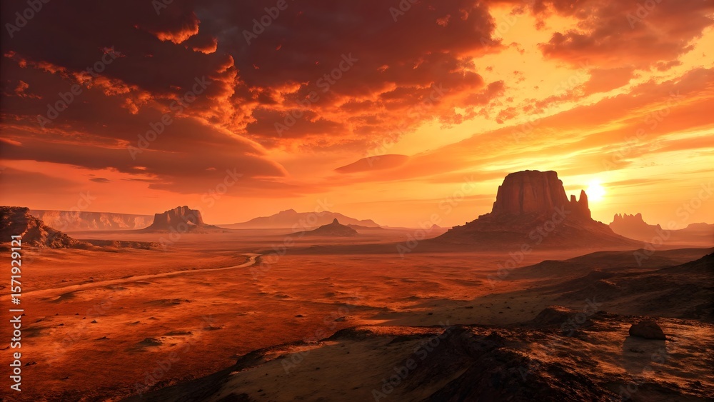 Fototapeta premium Alien Desert Valley at Fiery Sunset with Dramatic Sky and Buttes