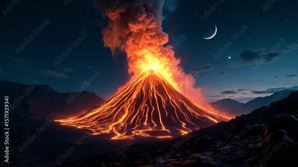 A volcano erupting with lava flowing down its sides under a starry ...