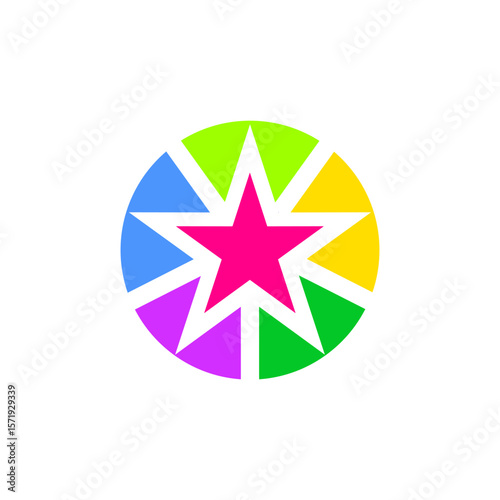 Bright and colorful star design with various geometric shapes in a circular arrangement