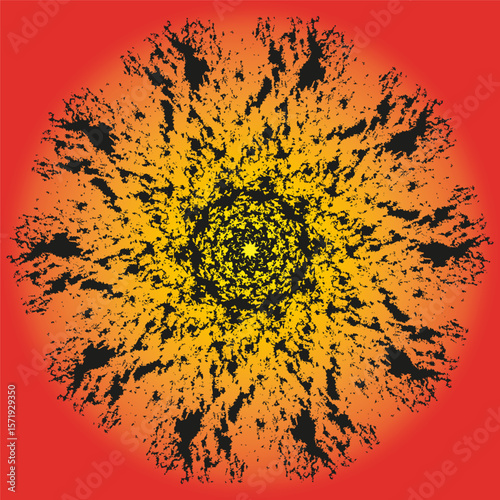 Fiery explosion pattern. Abstract radial burst. Orange yellow Vector. Vibrant energy texture.