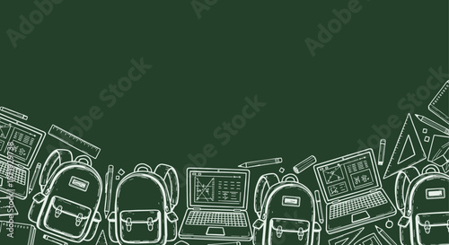 Green chalkboard background with school and technology doodles with copy space