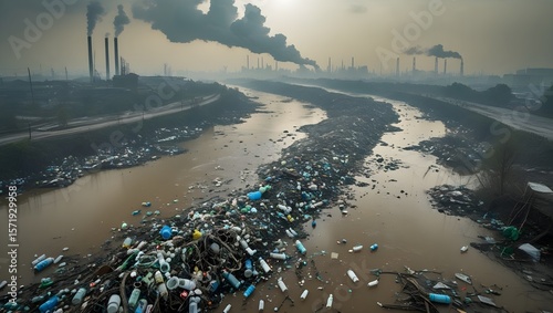 Polluted river with floating plastic bottles and industrial waste, aerial view
