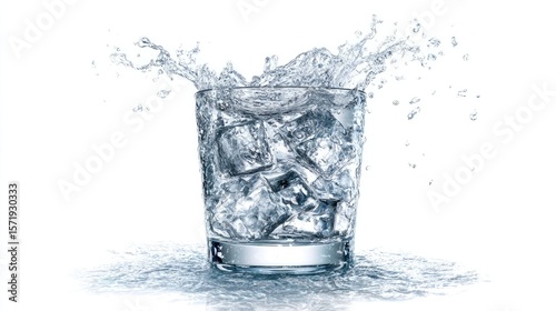 Refreshing Water Splash: A vibrant shot showcases a glass overflowing with ice cubes, as water erupts in a dynamic splash, epitomizing refreshment and thirst-quenching essence.