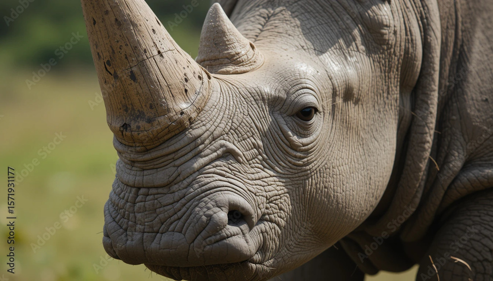 Fototapeta premium Close-up of a Rhino Face with Detailed Skin and Horn