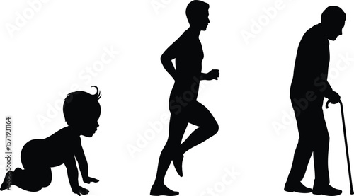 Human Life Progression: Baby, Adult Runner, and Elderly Man Silhouettes

