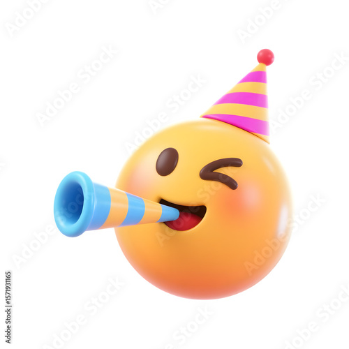 Winking emoji with party hat and blower celebrating isolated on transparent background